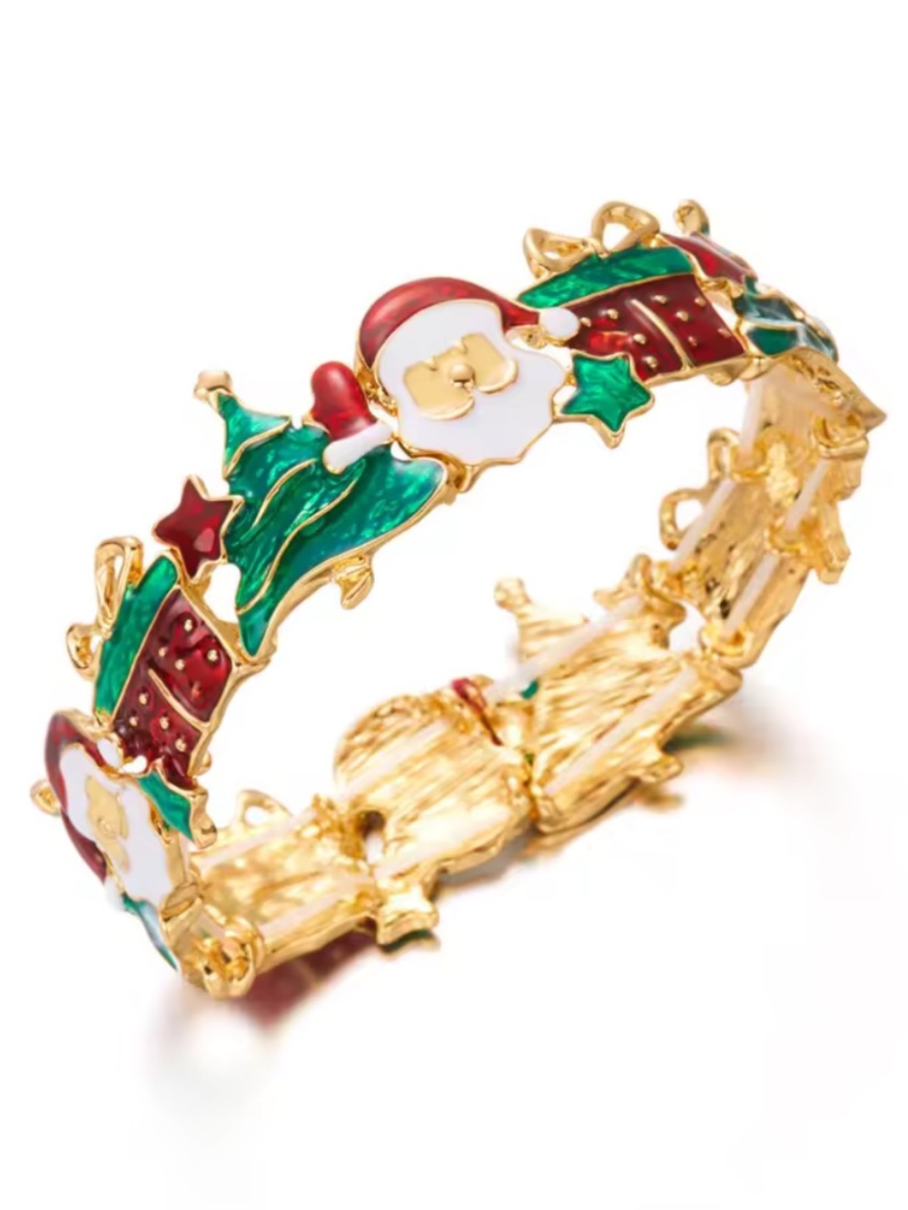 Anthropologie Gold-Tone Enamel Santa & Tree Bracelet in Red, Green, White